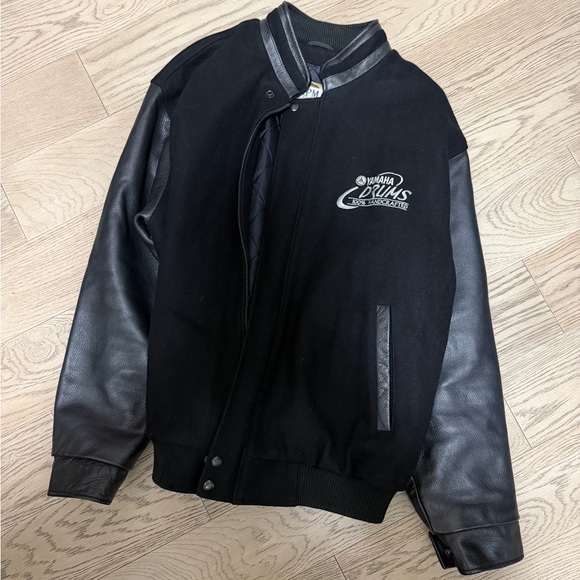 Vintage Heavyweight Black Varsity Jacket with Leather Sleeves Size L - Picture 1 of 7